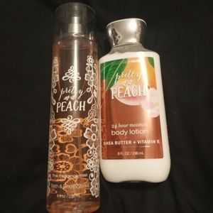 Bath and Body Works Pretty as a Peach fragrance spray and lotion set.